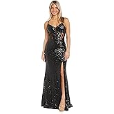 MORGAN AND CO. Juniors' Sequin Corset Long Gown W/Flowy Slit Skirt & Spaghetti Straps| Formal Prom Cocktail Party Dress
