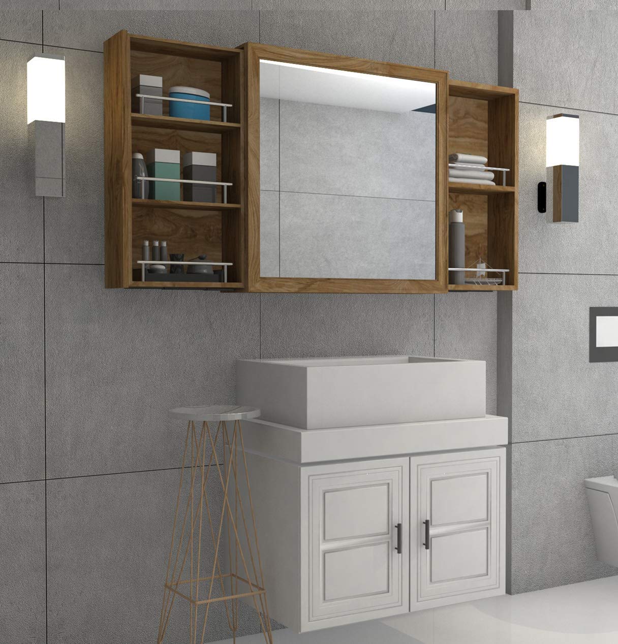 Ocean Da C Cor Eagle Teak Sagwan Wood Wall Mounted Multipurpose Storage Cabinet With Side Sliding Door With Shelf And Mirror Attached 24 X24 Inch Beige Amazon In Home Improvement