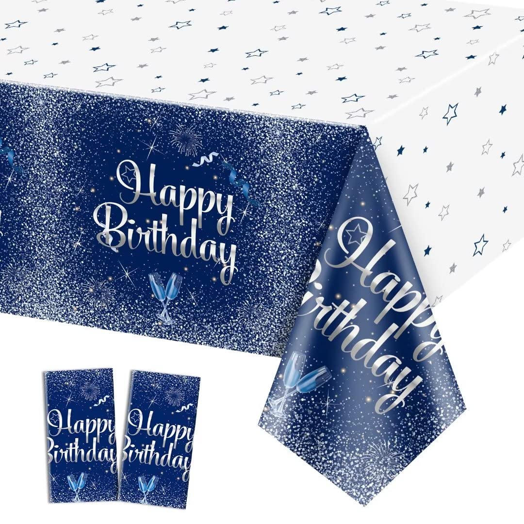 QUERICKY 2 Pack Navy Blue and Silver Happy Birthday Tablecloths, 130 x 220cm Plastic Rectangle Table Cover for Men Women Boys Girls Birthday Party Decorations Supplies