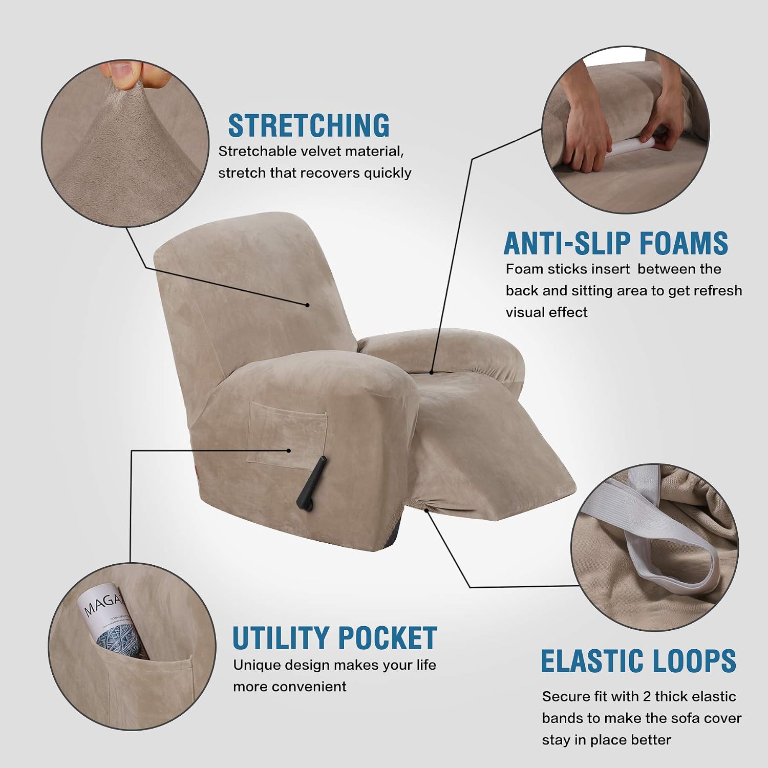 BellaHills High Stretch Sofa Slipcover Velvet Plush Sofa Cover for Living Room Sofa Cover Slip Resistant Stylish Furniture Protector/Couch Covers/Lounge Covers for Recliner (Recliner - Image 3