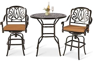 VIVIJASON 3-Piece Patio Swivel Bar Stools Set, All Weather Cast Aluminum Outdoor Bar Height Bistro Set with 2 Cushioned Bar Chairs & 35.4" High Bar Table w/Umbrella Hole for Backyard, Lawn, Garden