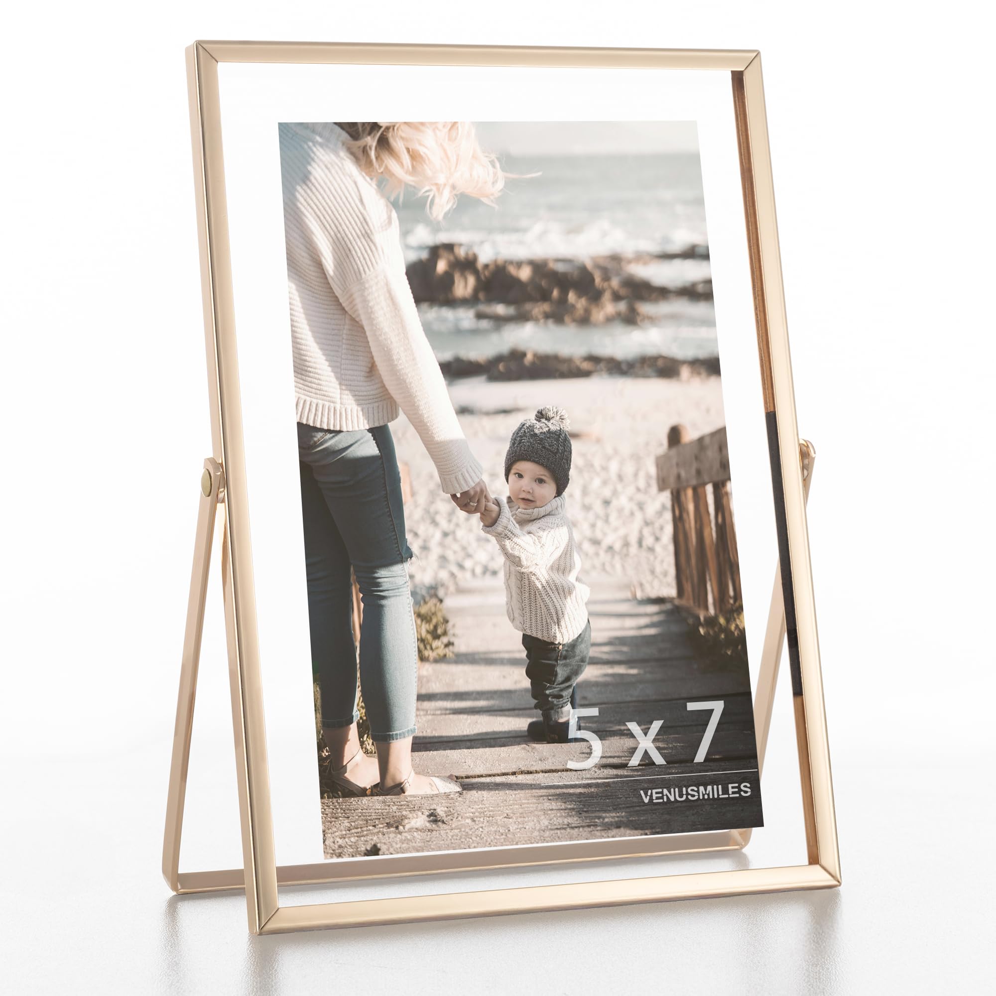 Photo 1 of Gold Floating Frame 5x7, Floating Picture Frames, Double Real Glass Metal Photo Frame with Pull-Out Easel Stand for Wall Vertical Tabletop Display, Home, Office, Photo Gallery, Wedding Decoration