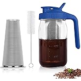 QHH Cold Brew Coffee Maker,32 oz Mason Jar Pitcher with Stainless Steel Filter, Pour Spout Handle Lid, Heavy Duty Glass Airtight & Leak-Proof Pitcher for iced coffee Tea Lemonade-Blue