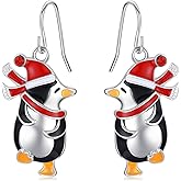 Penguin with Christmas Hat Scarf Dangle Earrings Silver Plated Dangling Christmas Earrings Gifts Holiday Party Decorations with Message Card & Velvet Bag