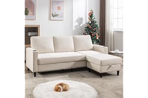 Siiejia Convertible Sectional Couches for Living Room, L-Shaped Couch 3 Seats Sofas with Storage Chaise & 2 Cup Holders, Small Sofa for Apartment, Compact Spaces, Beige