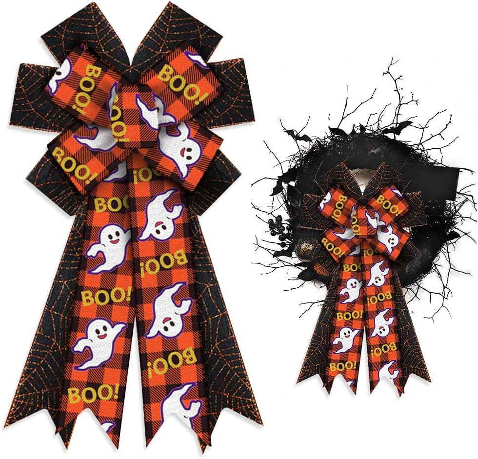 Bows & Ribbons - Large Halloween Bows for Wreaths, Halloween Wreath Bows, Ghost Orange Buffalo Plaid Bows, Glitter Web Bows for Front Door, Halloween Decor, Burlap Bows for Wreath Indoor Outdoor Wall Decorations
