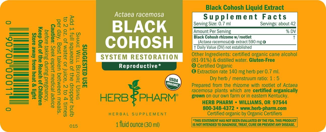 Herb Pharm Certified Organic Black Cohosh Liquid Extract for Female Reproductive System Support - 1 Ounce (DBLKCO01): Health & Personal Care