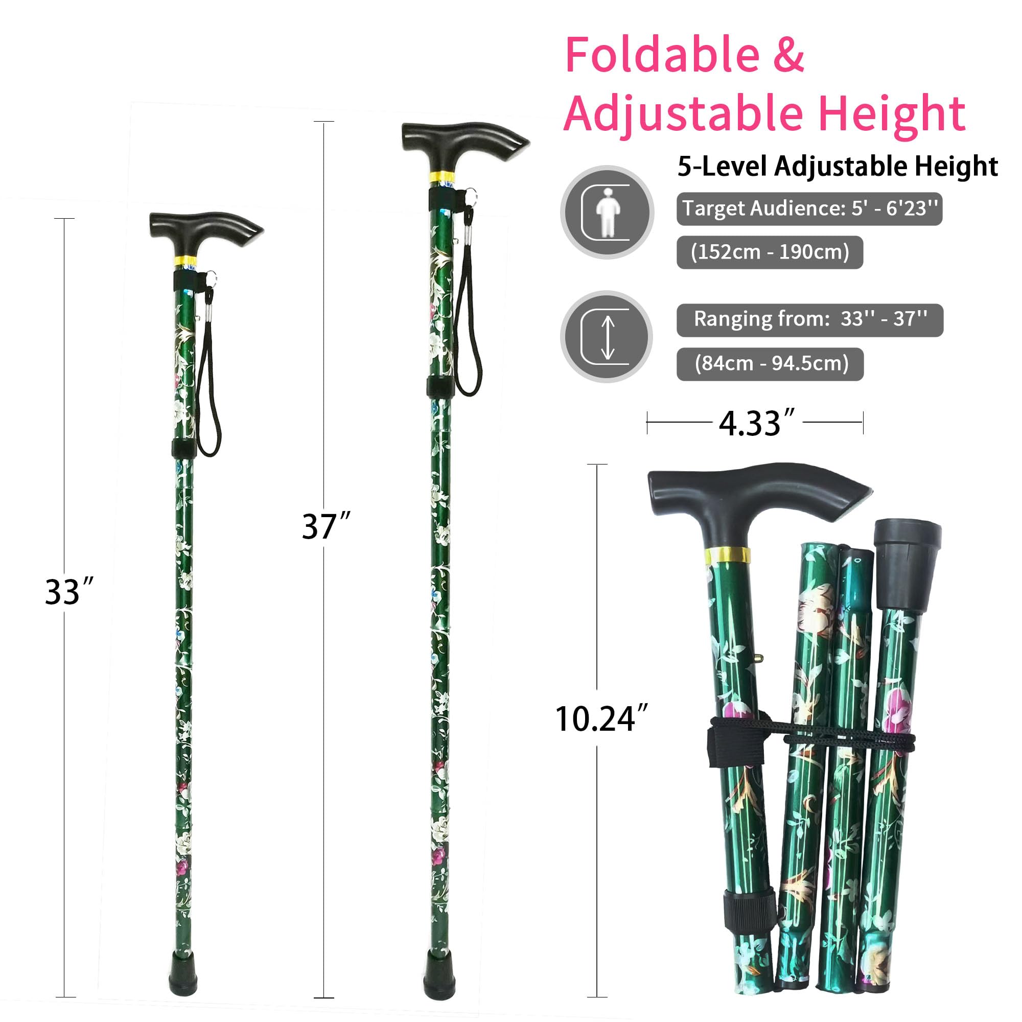 Folding Cane, 5-Level Adjustable Height Lightweight Portable Foldable Walking Canes with Wrist Strap and T Handle for Men Women Seniors