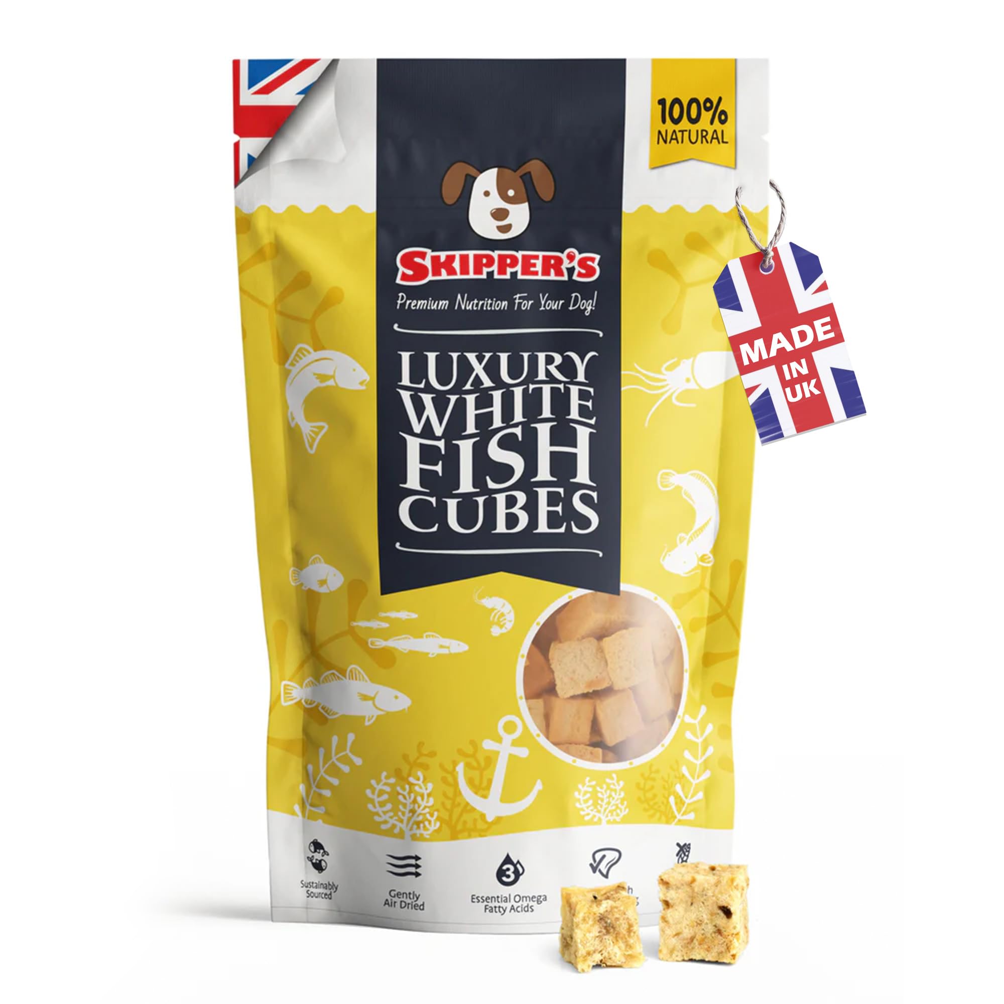 SKIPPER'S Luxury White Fish Cubes for Dogs - Grain & Cereal Free, Essential Source of Omega 3 Oils, Low Fat & Hypoallergenic, Good for Skin & Digestion | Gently Air Dried (250g)