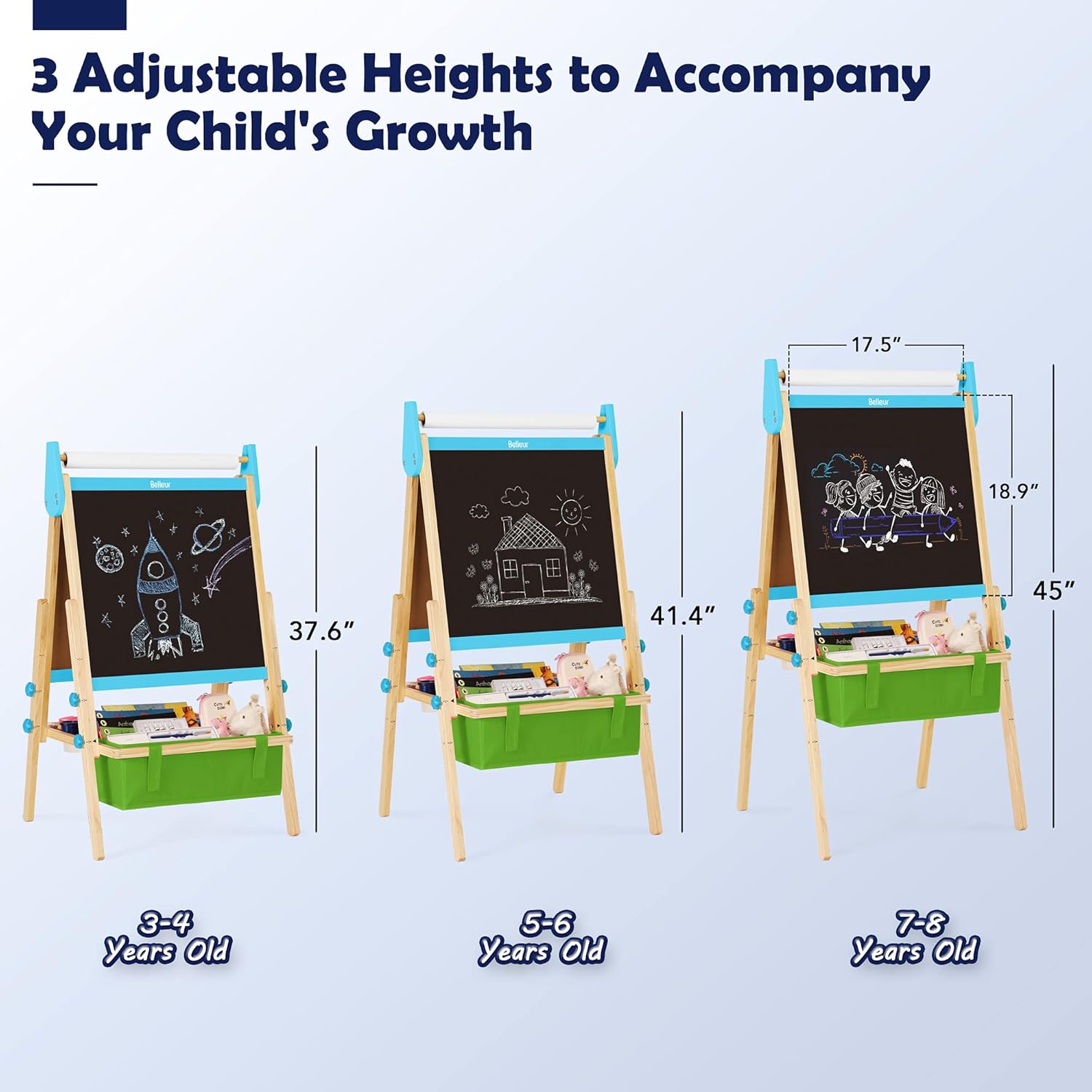 Belleur All-in-one Kid Easel Including 2 Paper Rolls, Magnetic Letters, 6 Finger Paints, 8 Colors Markers, Deluxe Standing Art Easel with Magnetic Chalkboard & Whiteboard, Easy to Adjust Height - Blue: Home & Kitchen