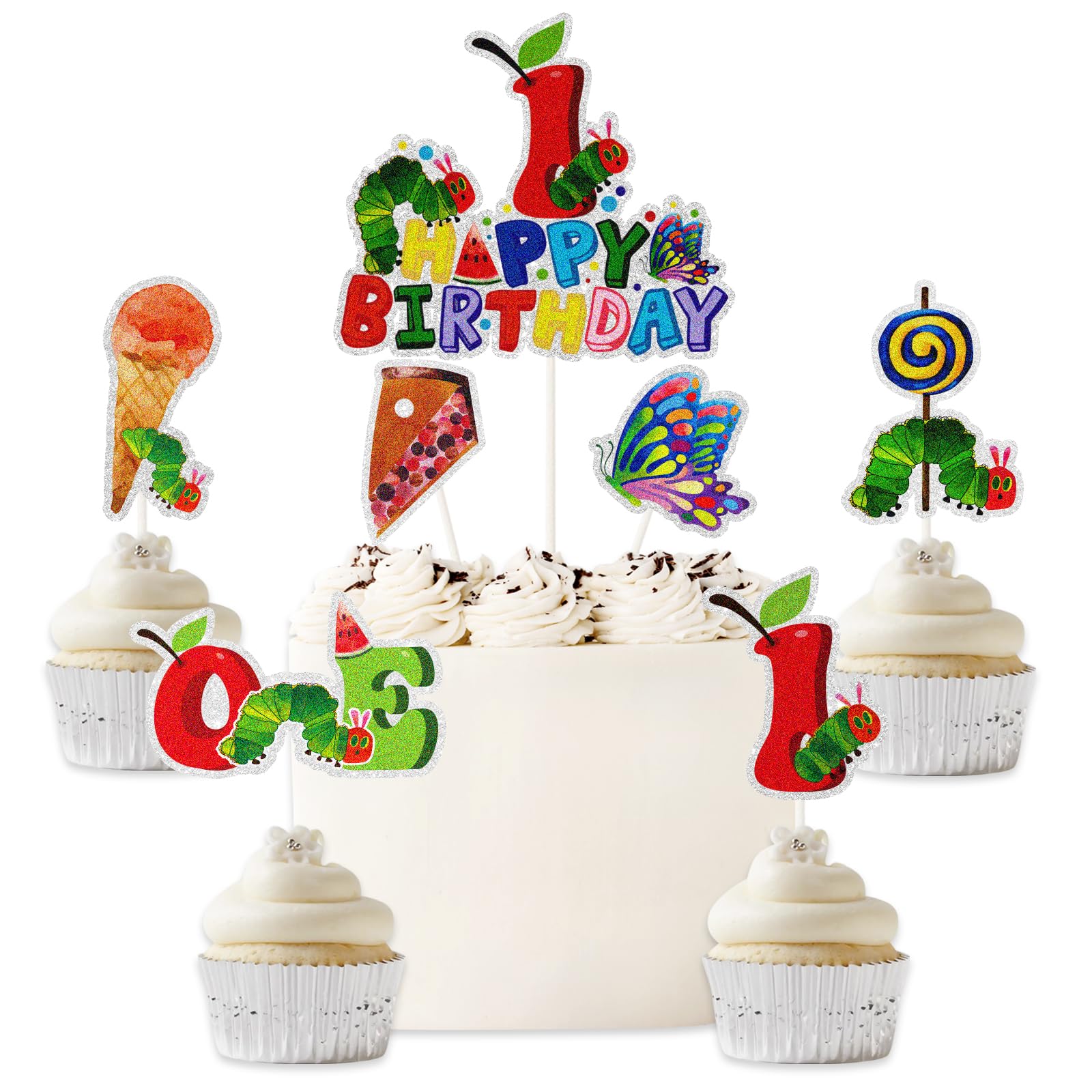 Photo 1 of Very Hungry Little Green Caterpillar Cake Topper Decorations - Cartoon Little Green Caterpillar Butterfly Happy 1st Birthday Cake Decor,Children's Reading Story First Birthday Party Decorations