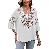Peypt Mexican Embroidered Tops for Women Boho Chic Short Sleeve V Neck Blouse 3/4 Sleeve Floral Casual Summer T-Shirt