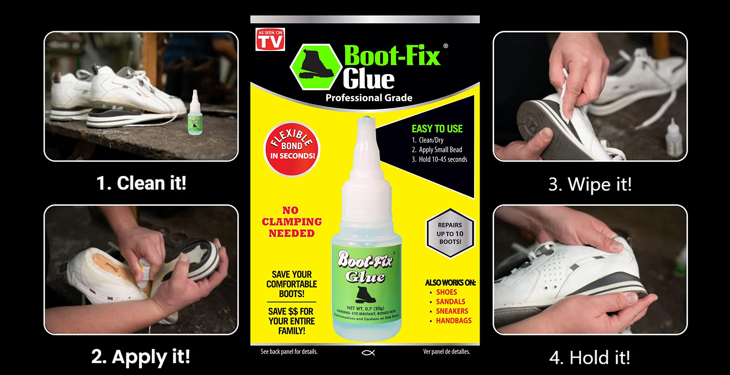 Boot-Fix Shoe Glue – Professional Grade Shoe Repair Adhesive for Boots, Shoes, & More – Instant Bond, Clear Drying, Flexible, & Durable – Perfect for Leather, Rubber, & All Footwear (20g Tube)