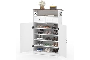 Modern Farmhouse Entryway Shoe Storage Cabinet, Narrow Freestanding Shoe Rack Organizer with Drawers Doors Adjustable Shelves