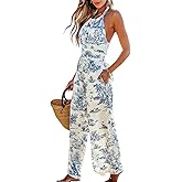 CUPSHE Womens Summer Jumpsuit Halter Casual Dressy Sleeveless One Piece Outfit Pockets Wide leg Pants Romper