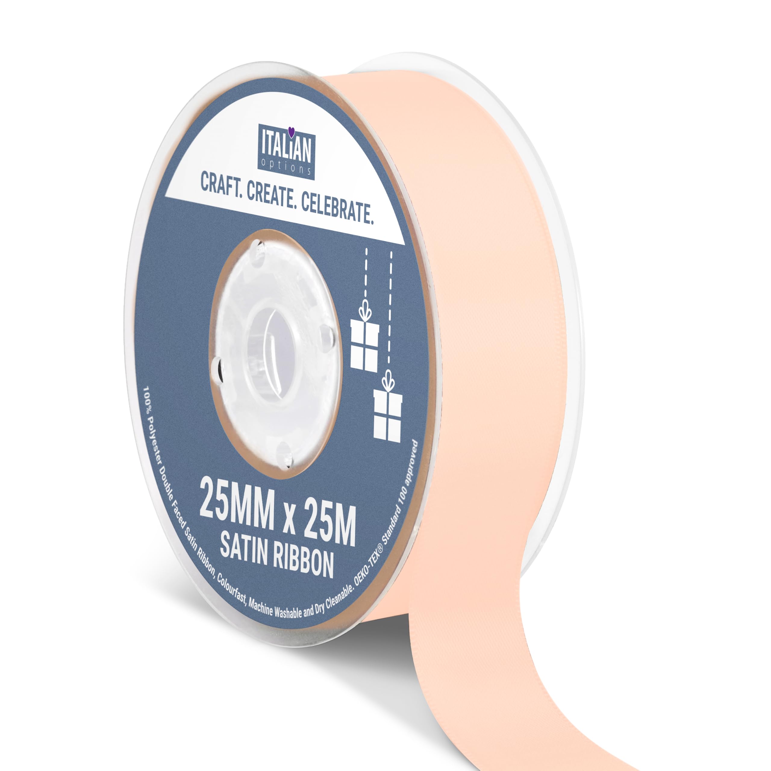 Italian Options Satin Ribbon, Fabric Ribbons for Gift Wrapping, Crafting, Balloons, Wedding Car, Presents, Cake, Christmas, Birthday, Gift Wrap Accessories, 25mm Wide x 25 Metre Roll, Peach