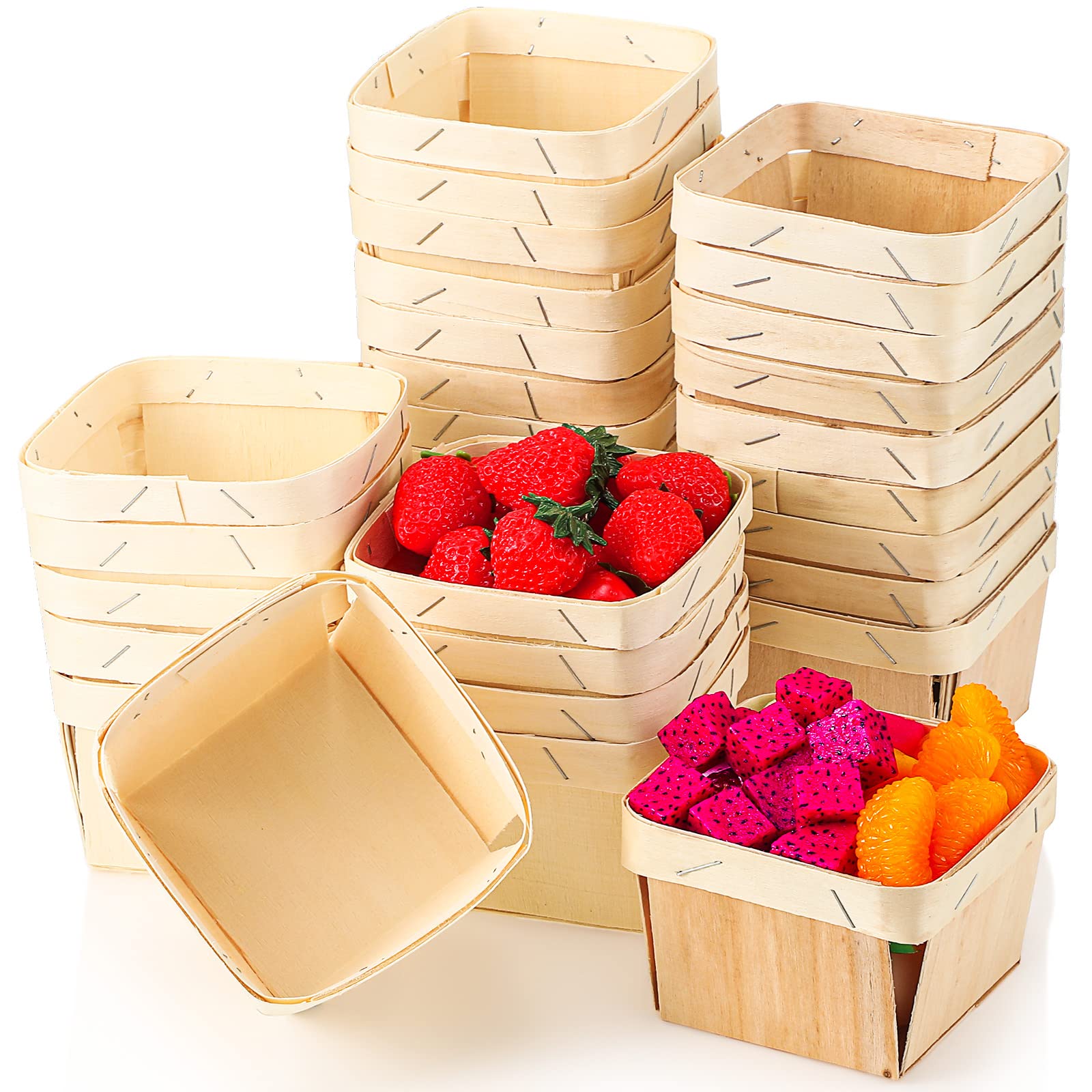 Photo 1 of Unittype 50 Pcs One Pint Wooden Fruit Berry Gift Basket Bulk 4 x 4 x 2.5 Inch Small Square Vented Container Boxes for Food Storage and Party Arts Crafts Decor