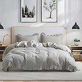 Simple&Opulence 100% Linen Duvet Cover Set, 3 PCS Natural French Flax Light Grey Ruffle Duvet Cover Full Size, Breathable Comfy Linen Bedding Comforter Cover with 2 Pillowcases (Light Grey, 78" X 86")