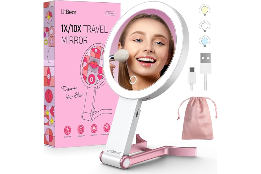 LitBear Travel Makeup Mirror with Lights, Rechargeable Double-Sided 10X/1X Magnifying Mirror, Portable Lighted Beauty Mirror, 3 Color Lighting, Dimmable Touch Screen, Tabletop Handhold Hanging (White)