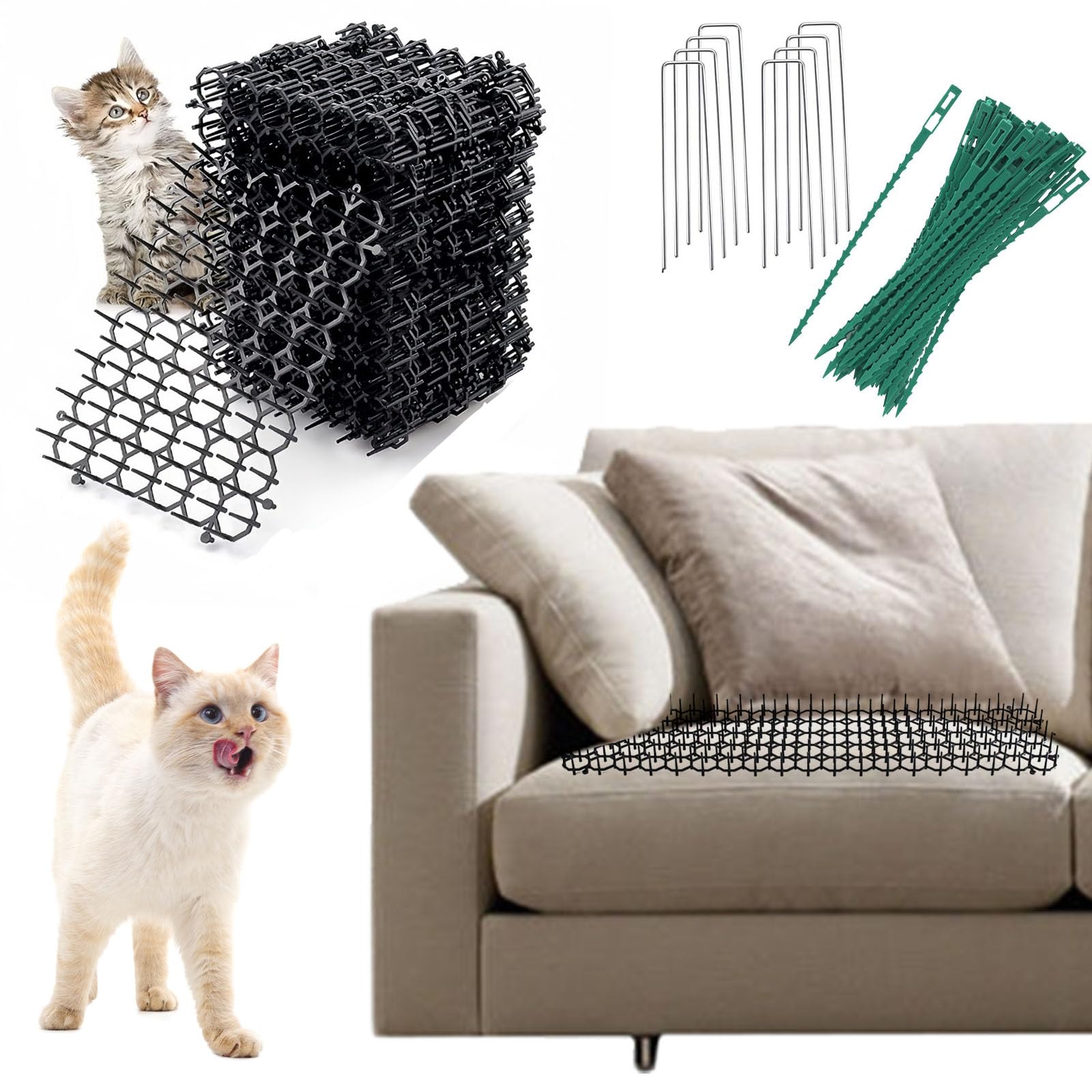 TUAKIMCE 20Pcs Anti Cat Spikes 15.3x20cm, Plastic Cat Scat Mat with Spikes, Cat Deterrent Spikes Cat Scat Mat, Digging Stopper Spikes Mats with 8 U-shaped Pegs for Garden, Fence