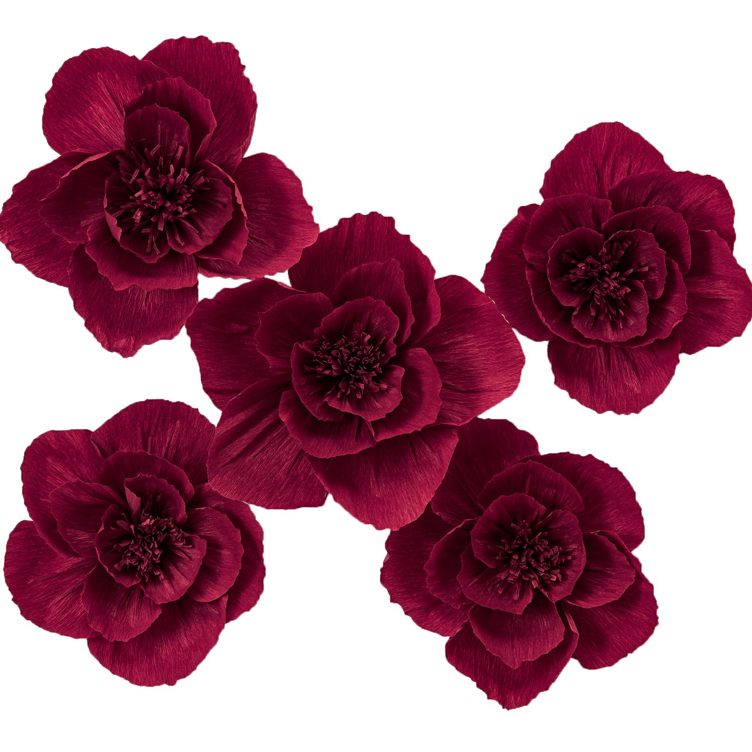 Photo 1 of MEJOY 12" 3D Paper Flower Decoration for Party, Wedding Decoration, Background Wall, Nursery Room Decoration, Bridal Shower, Baby Shower(Burgundy, 5 Pcs)