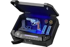 ONNAIS Biometric Gun Pistol Safe - Iron MAX Quick Access Fingerprint Gun Safe for Handgun with USB-C Charging, Extra-Large Pistol Case with Interior Light, Handgun Safe for Nightstand Beside and Car