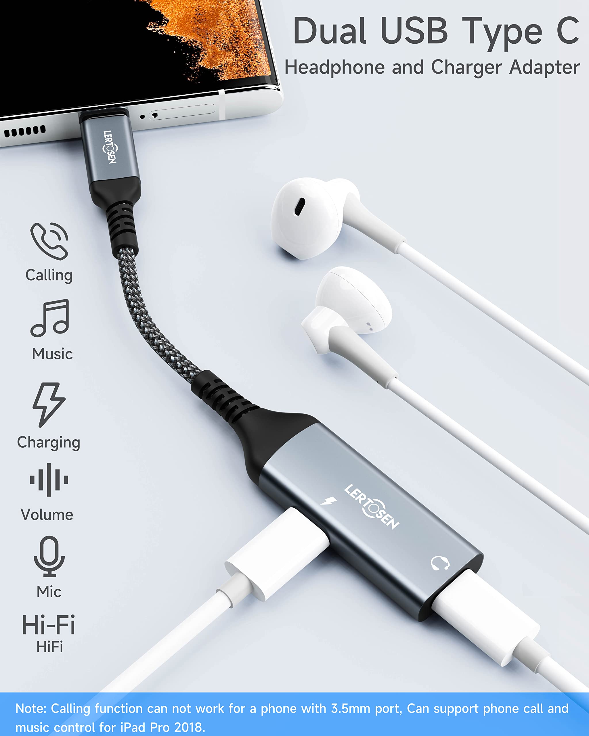 LERTOSEN USB C Splitter, Dual USB C Headphone and Charger Adapter,2-in-1 Type C Audio Dongle Cable with PD 60W Fast Charging Support Call Music for Pixel 4 3 2 XL,Galaxy S24 S23 S22 S21 S20,Xperia