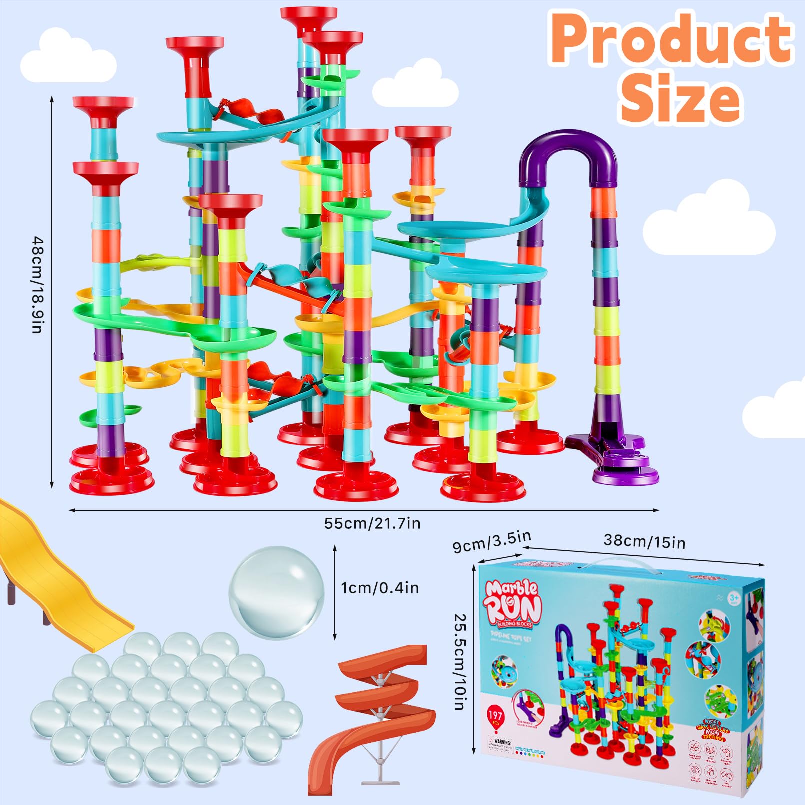 Yihurlm 197Pcs Marble Run,Marble Maze Game Construction Building Blocks Toys for Kids,Marble Track Game Educational Learning Toy for Boys Girls Birthday Gifts(147 Parts+ 50 Glass Marbles)
