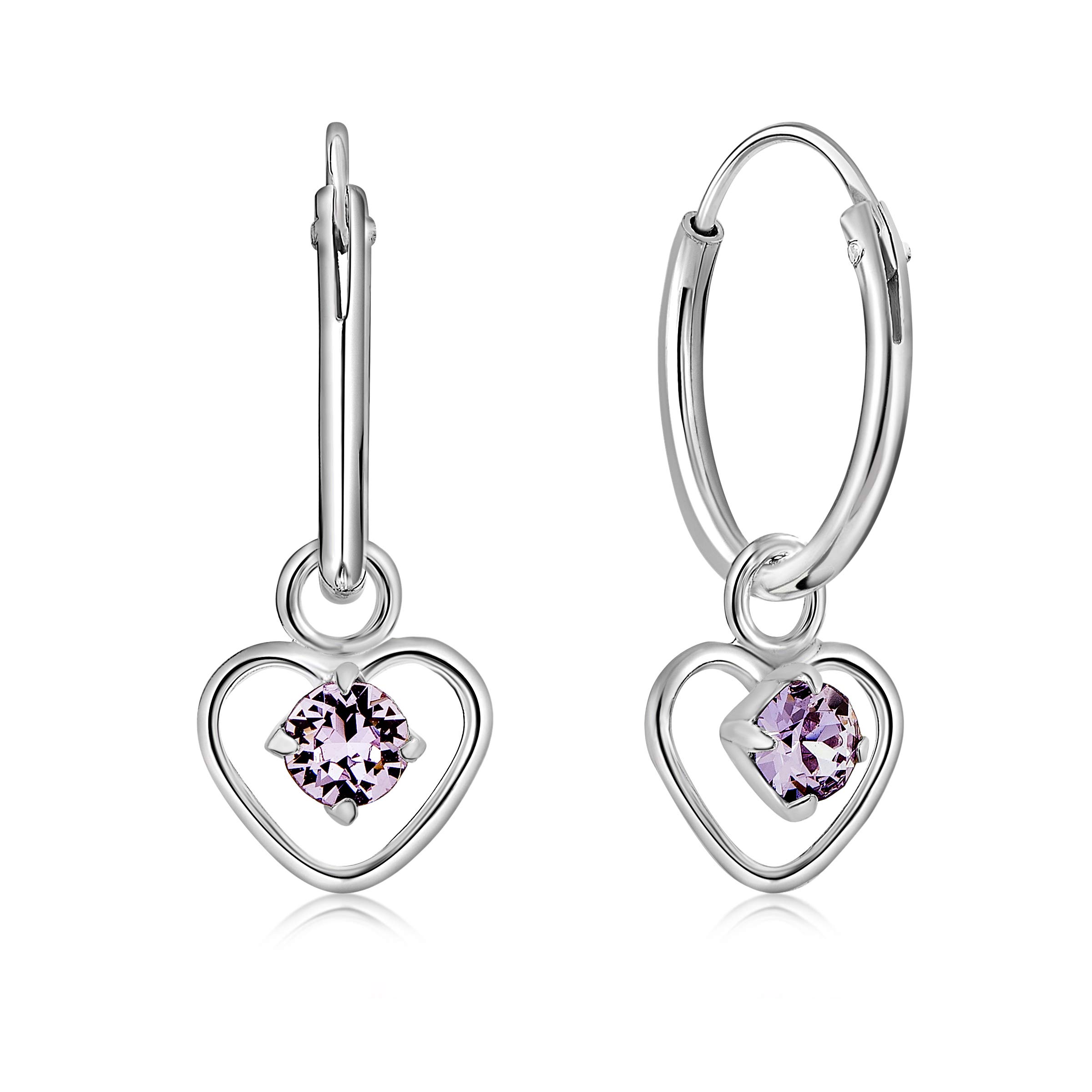 925 Sterling Silver Small Hoops Earrings with Dangling Round Crystals 3 mm - Violet Earrings - Thickness 1.5 mm - Diameter: 12 mm — image 1