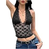 Floerns Women's Y2k Lace Tank Top Sleeveless Tie Open Back Going Out Halter Top