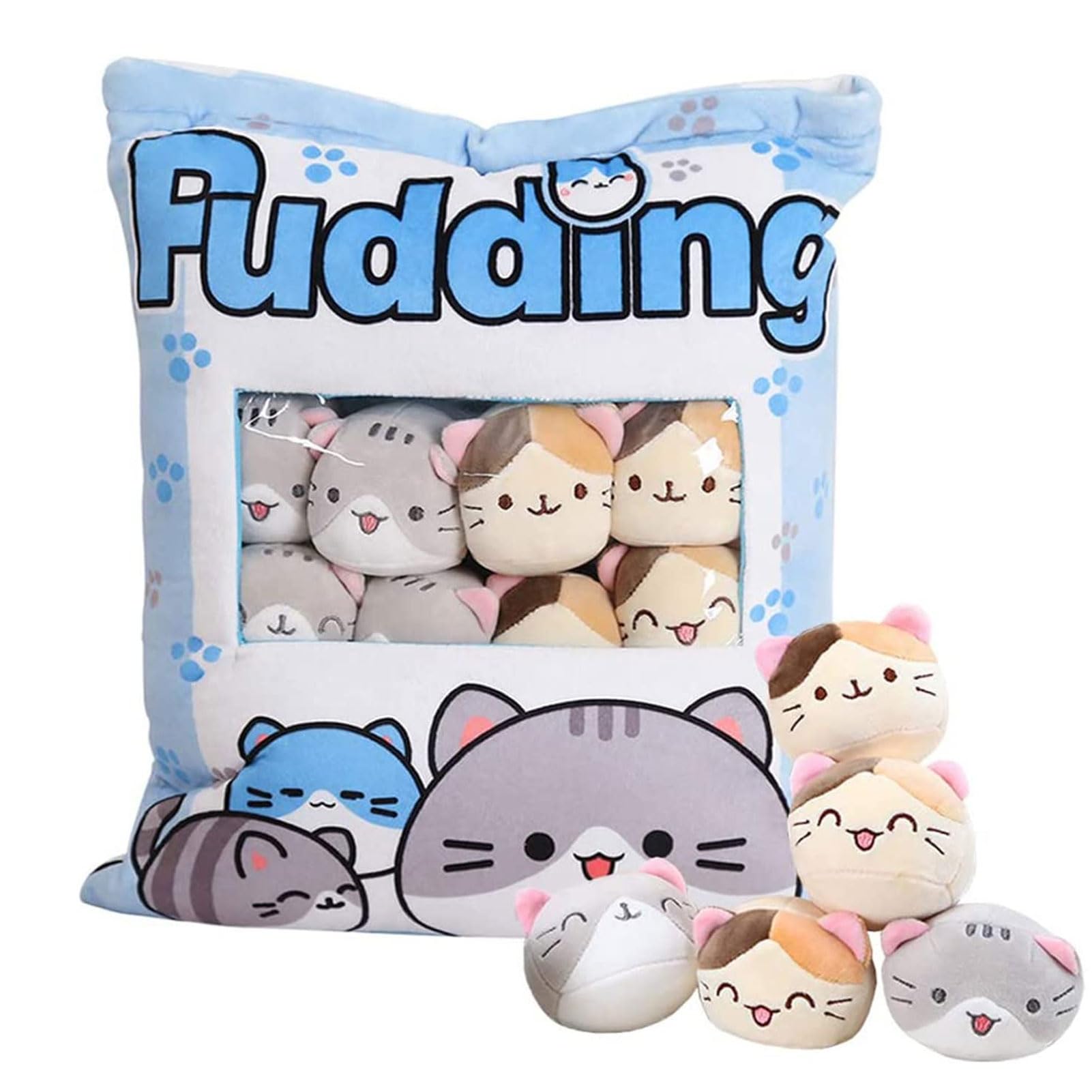 HXPLN Cute Snack Pillow, Kawaii Pudding Plush Pillow & Stufed Toys - Removable, Gift for Teenagers, Girls & Children (8 Blue Kittens)