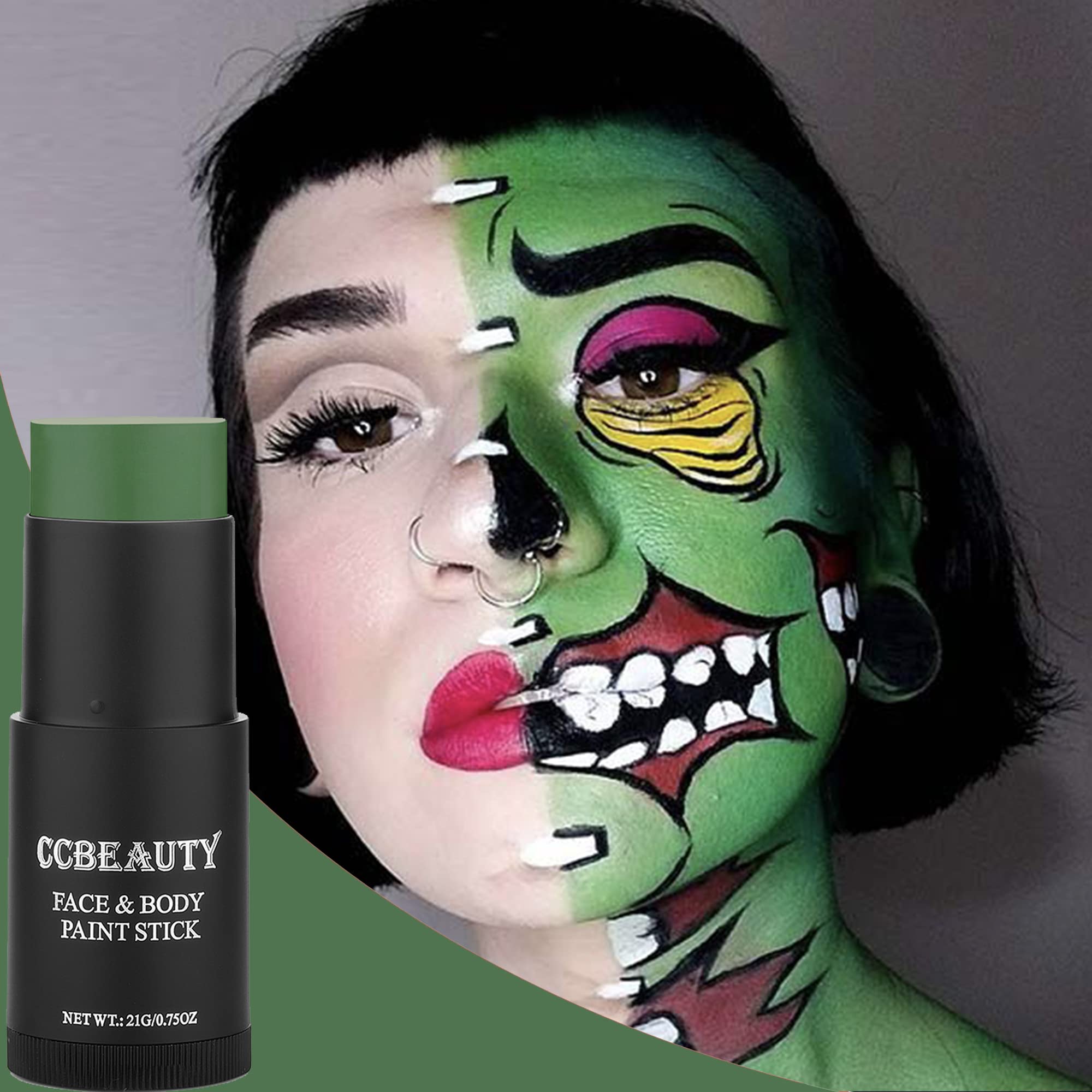 CCbeauty Witch Green Face Paint Stick, Face Painting Kit, Dark Green Cream SFX Makeup Foundation, Professional Body Paint for St. Patrick's Day, Halloween Costume Party, Grinch Hulk Monster Makeup