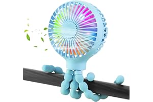 AGWIM Stroller Fan Clip On for Baby, Battery Operated Handheld Fan with 3 Speeds & Led Light & Aromatherapy, Rechargeable Flexible Tripod Fan for Car Seat Crib Bike Treadmill (Blue)