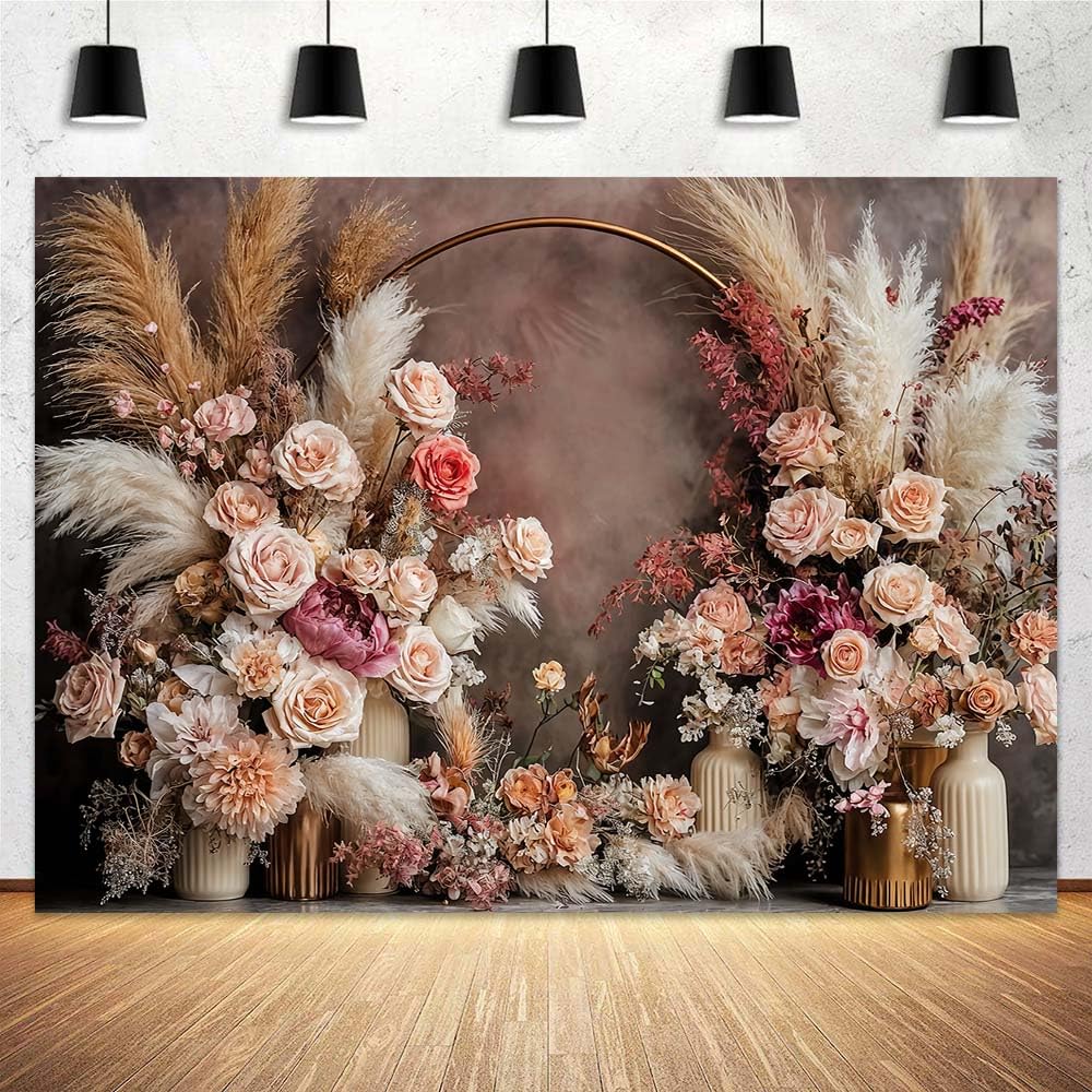 Photo 1 of 10x8 ft Bohemian Floral Wedding Backdrop Retro Boho Flowers Pampas Grass Curtain Photography Background Bridal Shower Anniversary Birthday Baby Shower Pregnancy Party Decoration Photo Banner
