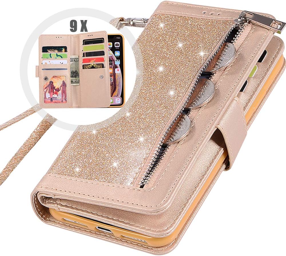 iPhone 8 Bling Wallet Case for Women,Auker Trifold 9 Card Holder Folio Flip Glitter Leather Folding Stand Magnetic Wallet Purse Case with Strap&Zipper Coin Change Money Pocket for iPhone 7 (Gold)
