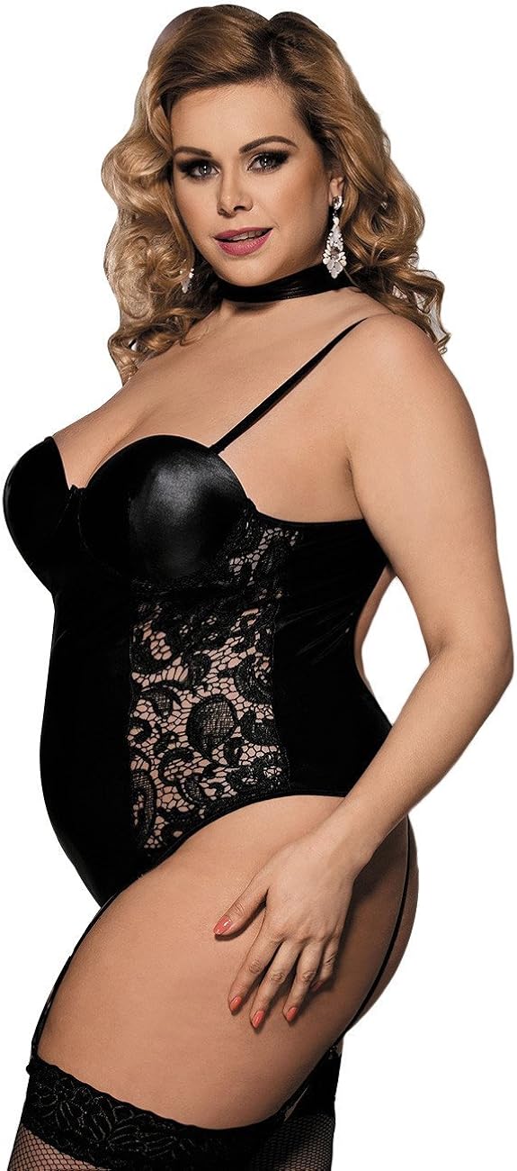 ohyeah Women Plus Size Teddy Lingerie Faux Leather Bodysuit Garter Leotard Nightwear: Clothing