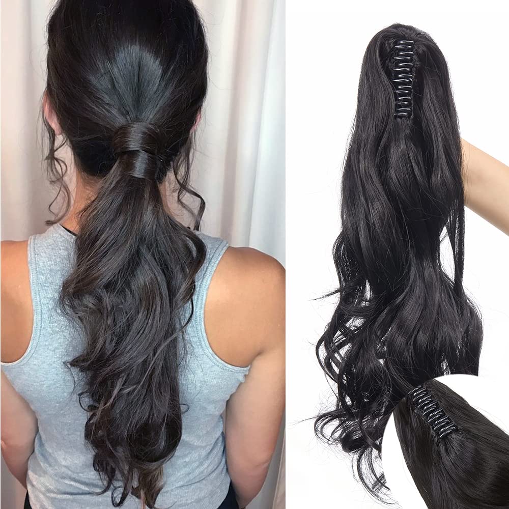 Claw On Ponytail Extension Matte Material 18 Inch/45cm Curly Wavy Clip In Pony tail Synthetic Hairpiece, Natural Black