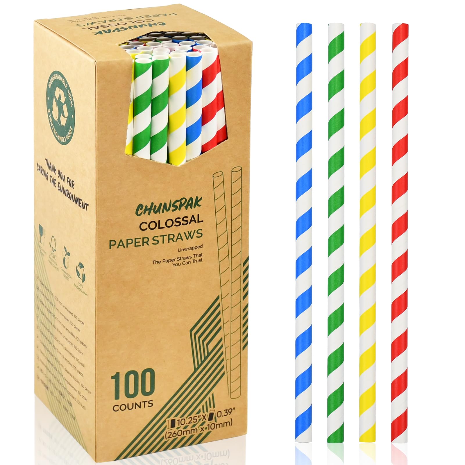26 cm Extra Long 10 mm Wide Large Disposable Paper Drinking Straws for Thick Smoothies, Milkshakes - Colourful Stripes, Pack of 100, 100% Biodegradable