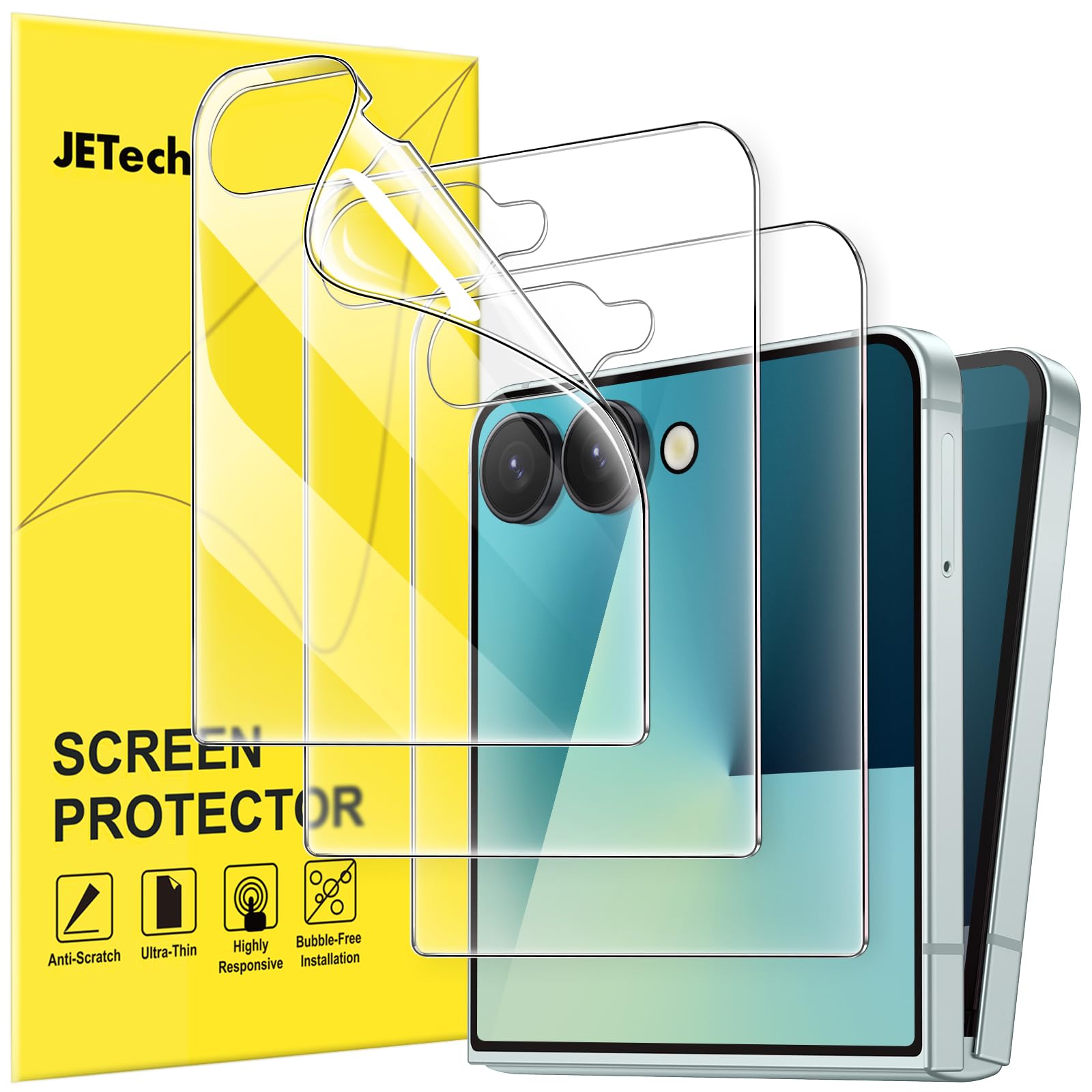 JETech Front Screen Protector for Samsung Galaxy Z Flip 7 2025, Full Coverage PET Film, Case Friendly, HD Clear, 3-Pack