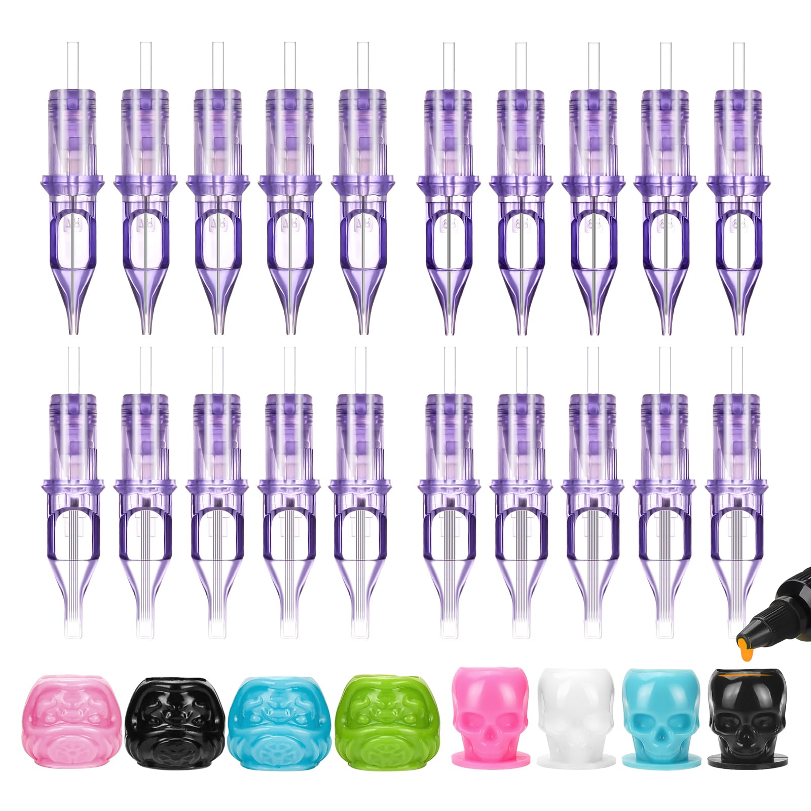 ATOMUS 20pcs Cartridge Needles - 5pcs 7RS 9RS 5M1 7M1 Purple for Tattoo Gun Pen Shader Pattern With Disposable Skull Ink Cups for Rotary Machine Supplies
