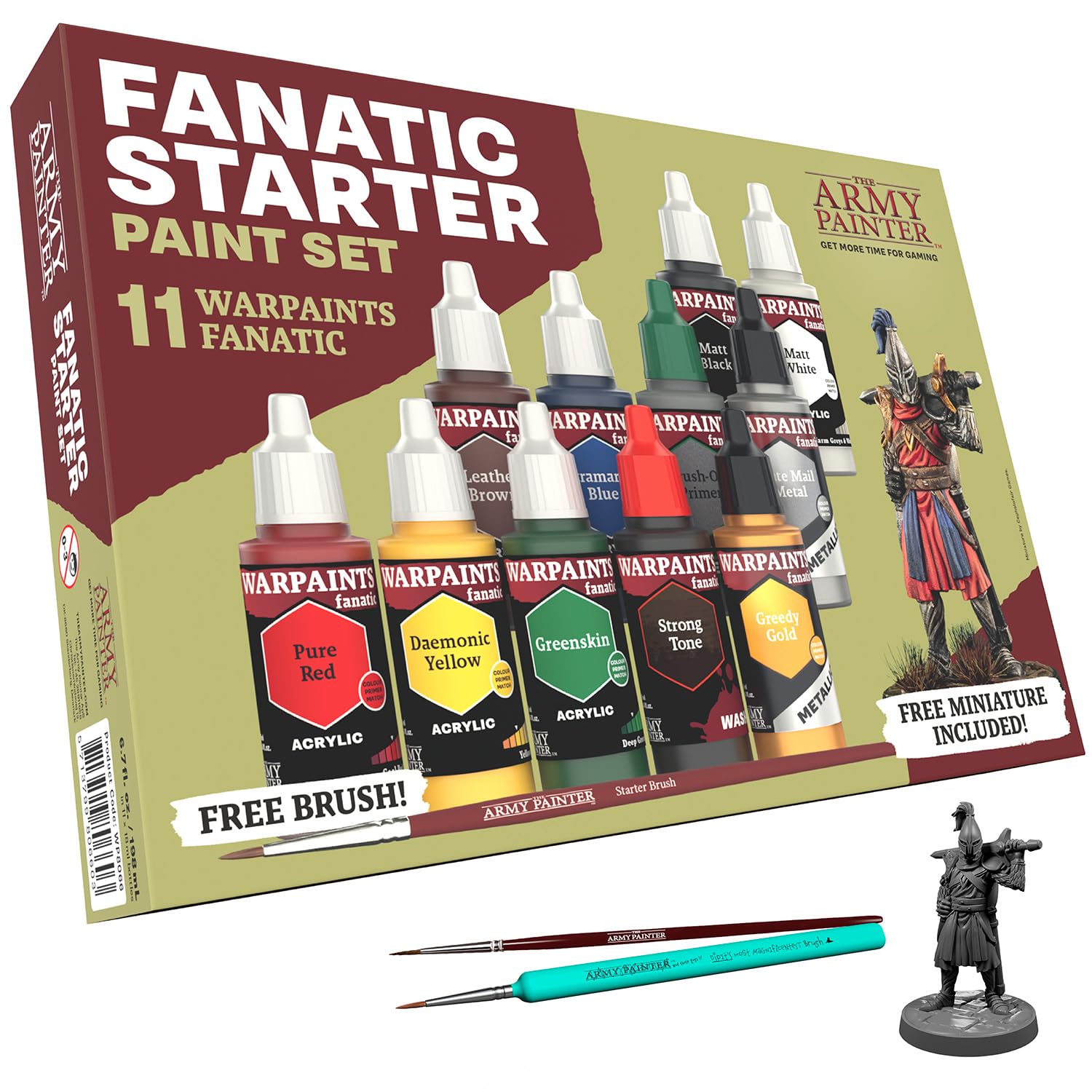 The Army Painter Warpaints Fanatic: Starter Set Combo, 11x18 ml paints: 7 Acrylic colours, 2 Metallics, 1 Wash, 2 Brushes & 1 Free Miniature figure, For models and miniature painting, DnD & Warhammer