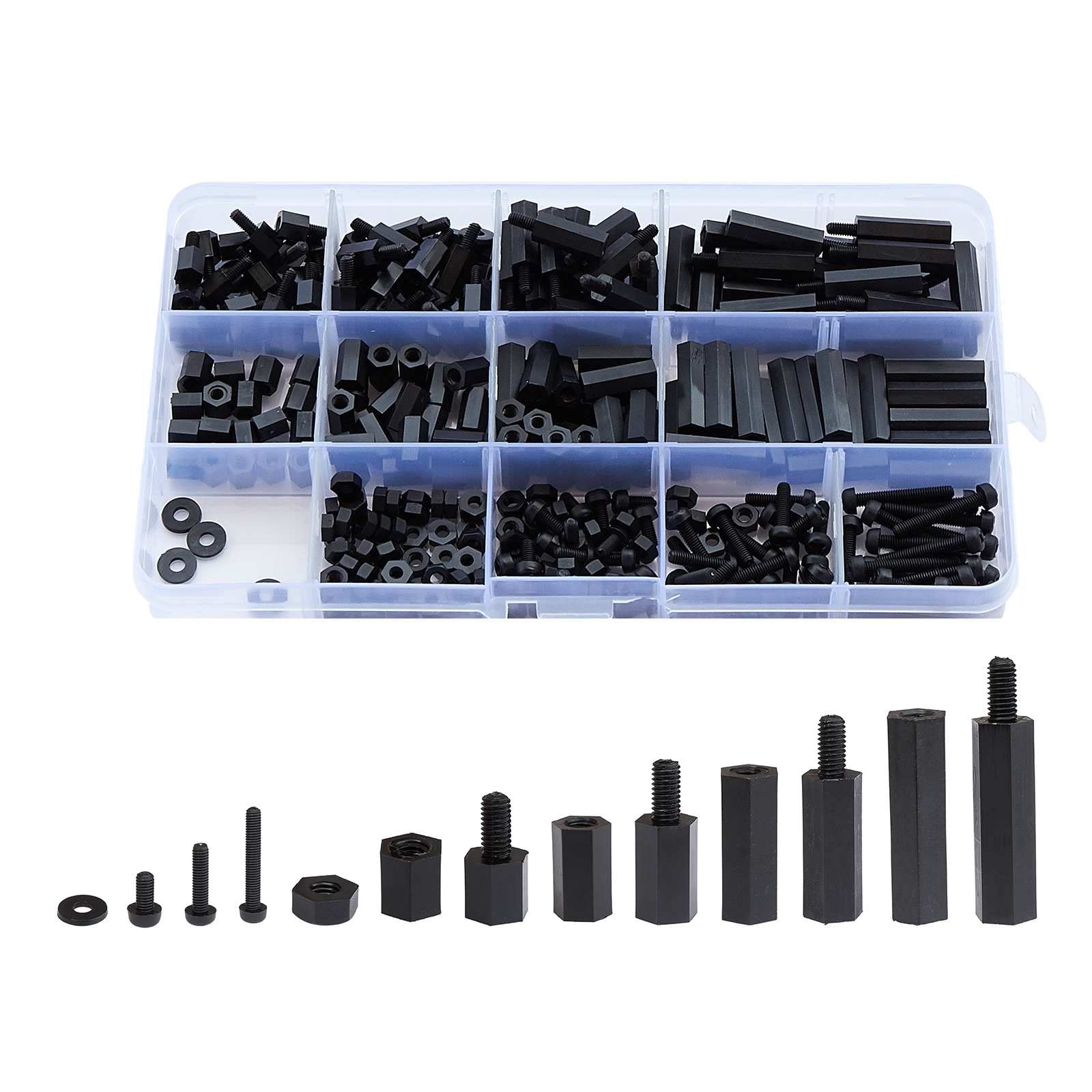Litorange 320PCS M3 Male Female Nylon Hex Spacer Standoff Screw Nut Threaded Pillar PCB Motherboard Assorted Assortment Kit (Black)