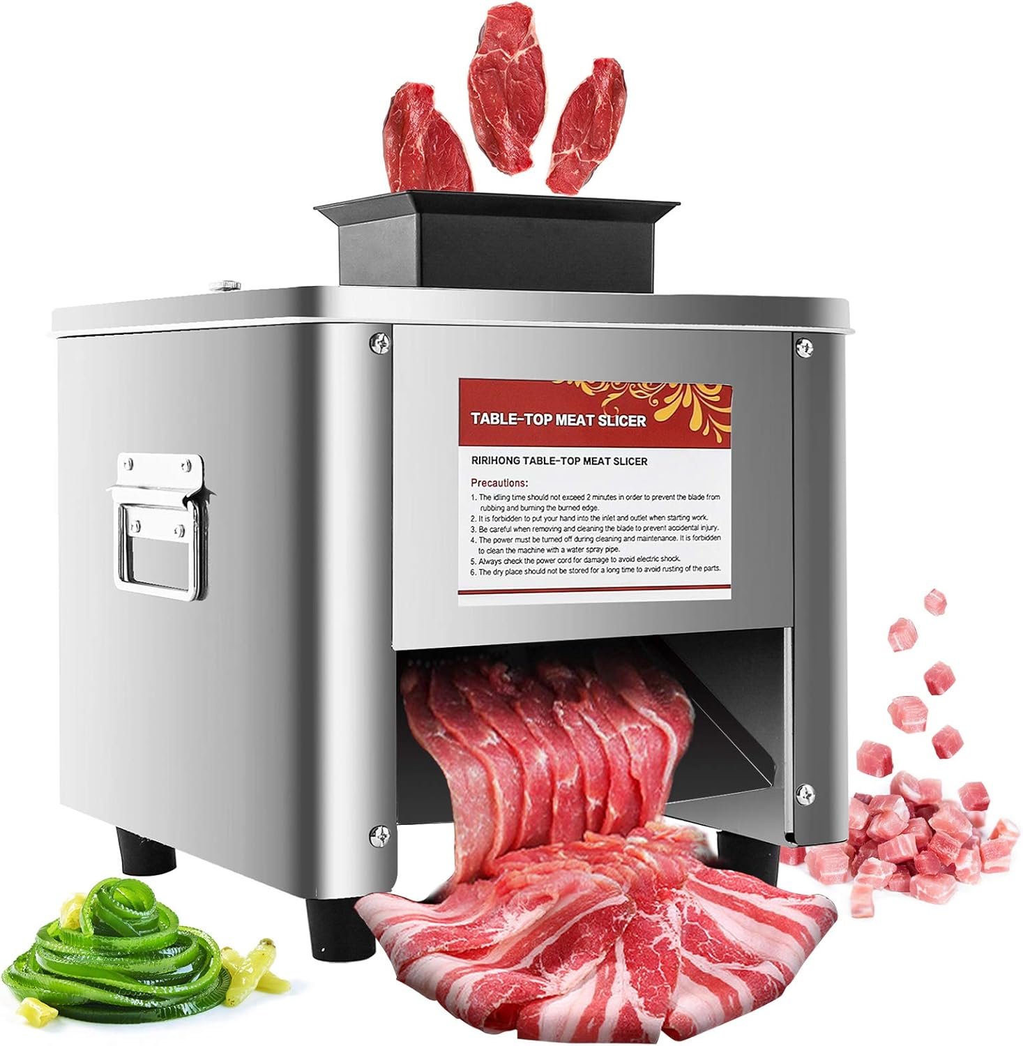 Moongiantgo Commercial Meat Cutter Cutting Machine 331 LB/H 850W Electric Stainless Steel Meat Slicer Meat Strips Grains Easy to Clean for Restaurant Supermarket Hot Pot (5mm Blade, Single Feed Inlet)