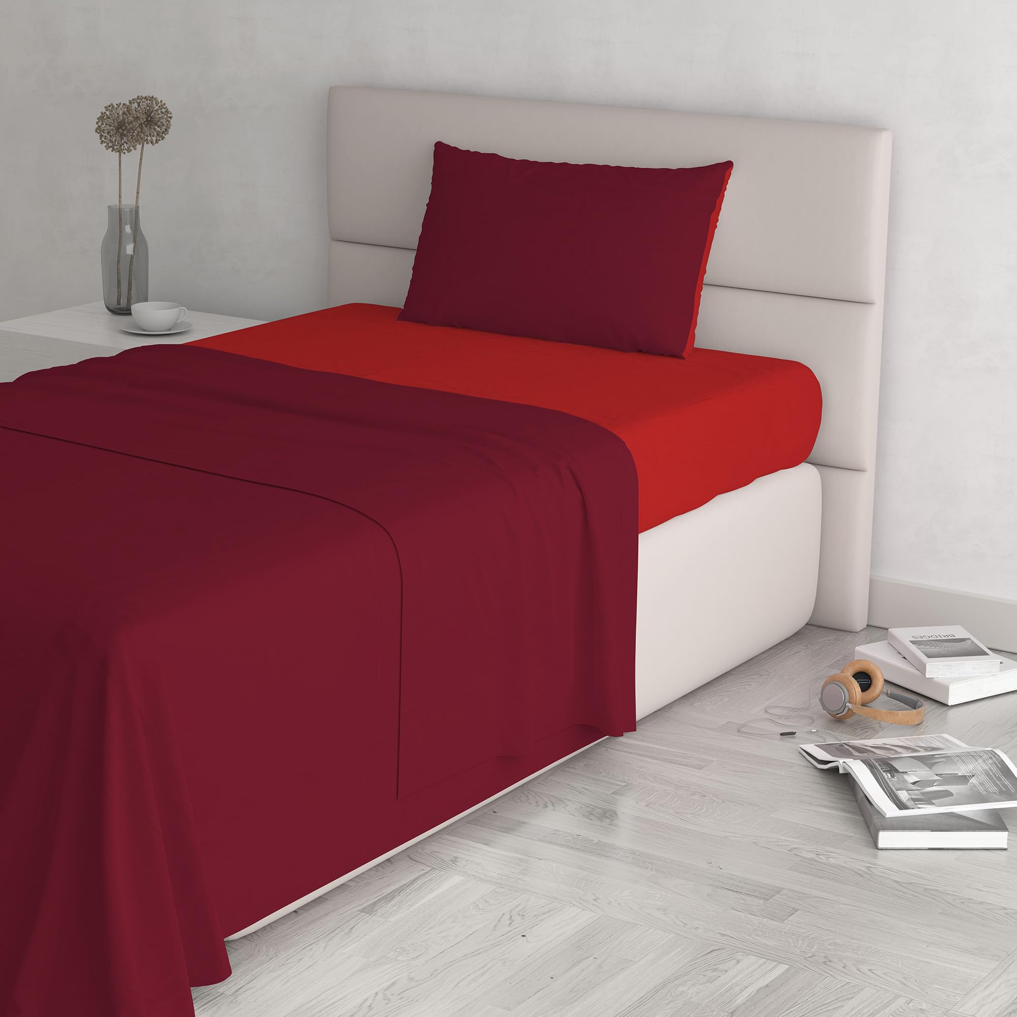 Italian Bed Linen Natural Color Bed Set (Flat 150x300, Fitted Sheet 90x200cm+Pillowcase 52x82cm), Petrol Bottle Green, 100% Cotton, red/Bordeaux, SINGLE