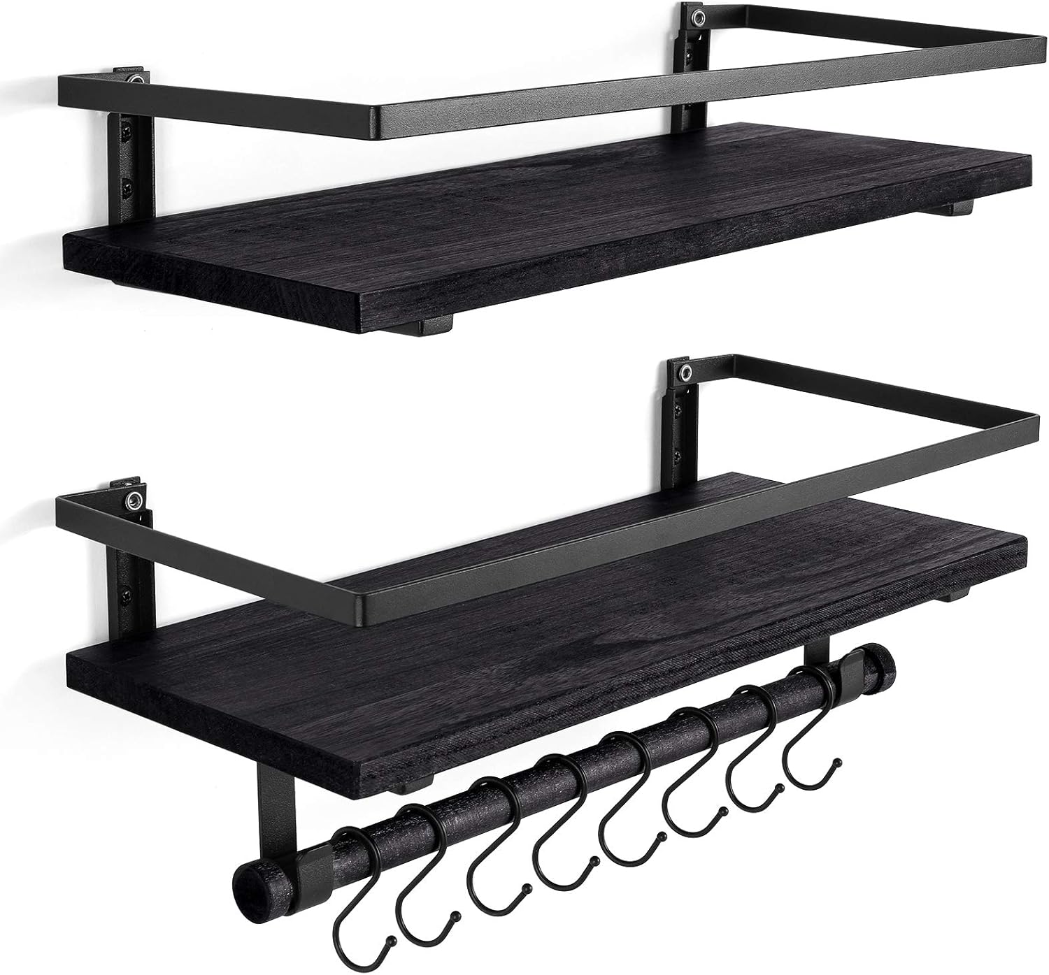 BAYKA Floating Bathroom Shelves for Kitchen Coffee Bedroom Decor, Wood Wall Mounted Rustic Floating Shelves for Home Storage, Over The Toilet Hanging Shelf with Hooks and Towel Bar, Set of 2