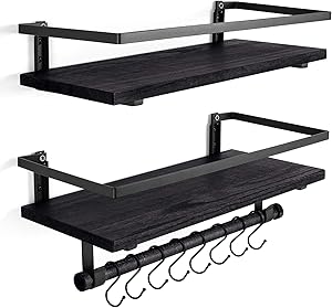 BAYKA Floating Bathroom Shelves for Kitchen Coffee Bedroom Decor, Wood Wall Mounted Rustic Floating Shelves for Home Storage, Over The Toilet Hanging Shelf with Hooks and Towel Bar, Set of 2