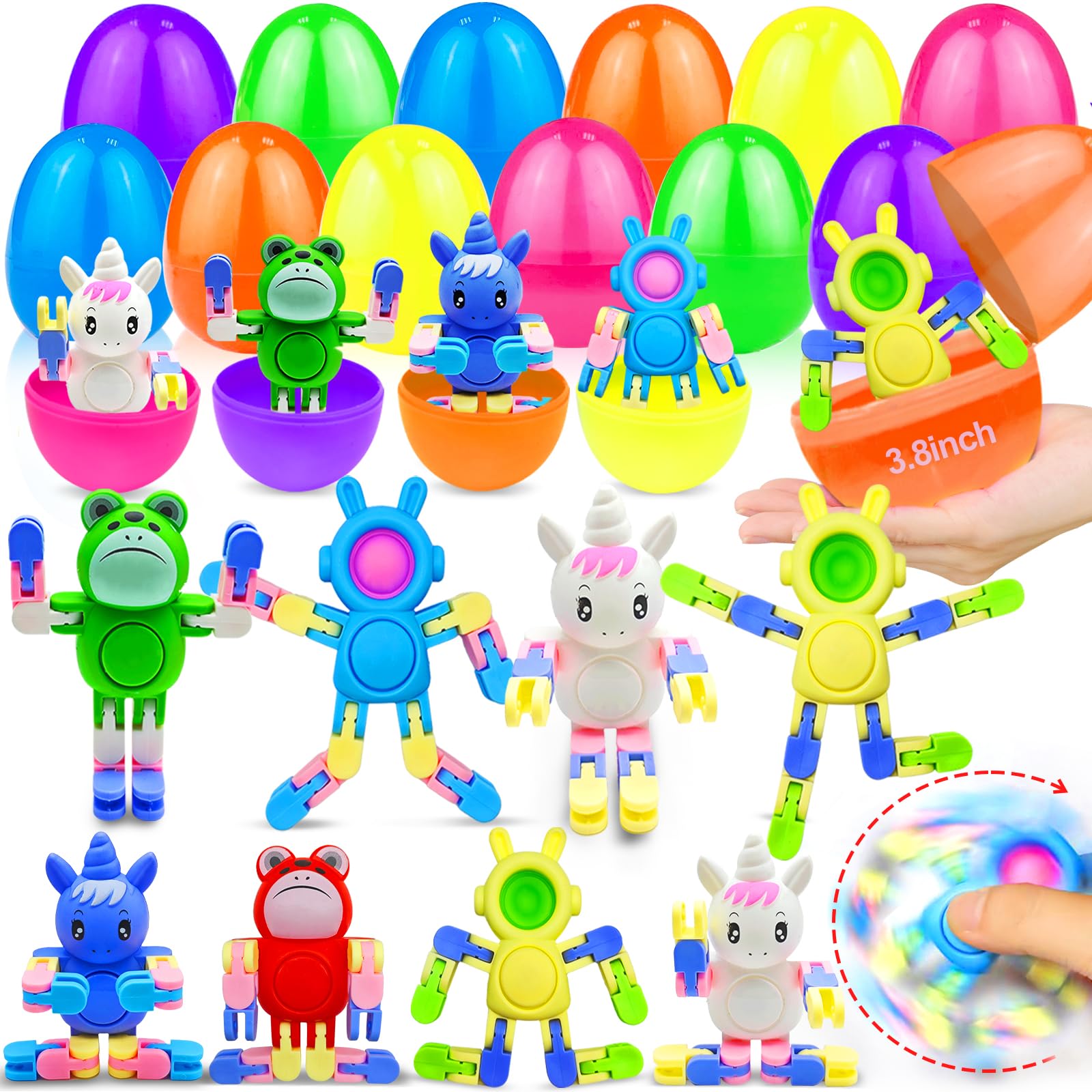 Photo 1 of 12 Pack 3.8'' Jumbo Filled Easter Eggs with Toys Transformable Animal Bunny Unicorn Fidget Spinners ,Easter Basket Stuffers Filler Essential Gifts for Kids Toddler Teens Stress Relief Party Favor Hunt
