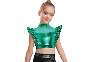 easyforever Kids Girls Shiny Metallic Crop Top Jazz Street Dance Shirts Flying Sleeve Tank Tops