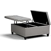 SIMPLIHOME Harrison Coffee Table Storage Ottoman - 36 inch Wide Upholstered Linen Look Fabric Square Lift-Top Ottoman in Dove