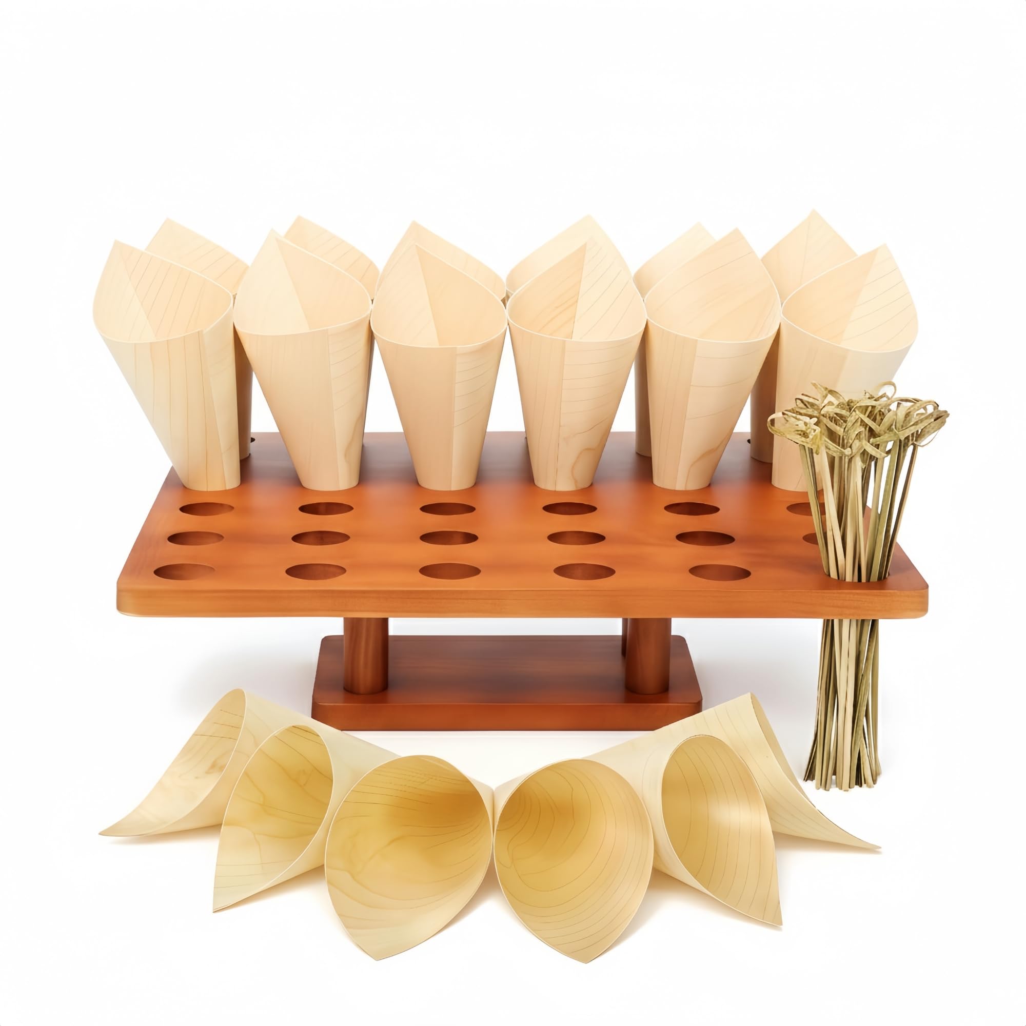 View 1 of Wooden Cone Holder Stand with Cones & Picks, 13 x 13 Appetizer & Dessert Cone Display for Catering Buffets, Charcuterie Cone Bar, Parties & Food Trucks